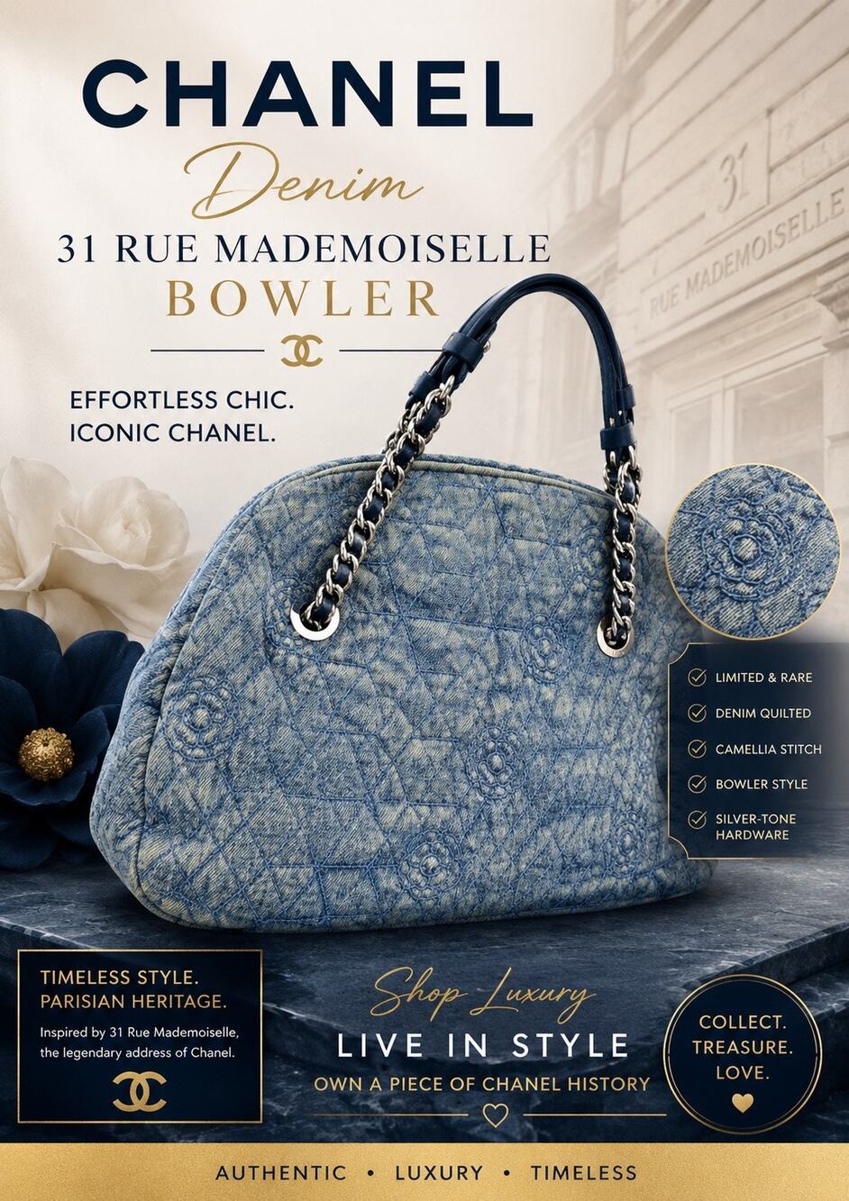 Chanel Denim Camellia Just Mademoiselle Bowler EUC & COA